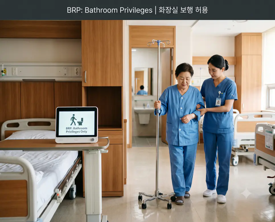 수술 후 회복 병동에서 간호사가 화장실 보행 허용 환자의 거동을 부축하여 안전하게 이동을 돕는 정경과 상단에 "BRP: Bathroom Privileges | 화장실 보행 허용" 타이틀만 절제되어 들어간 병실 간호 사진