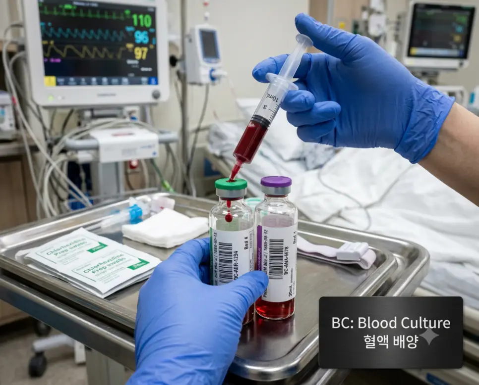 중환자실 병상 접사 시점에서 간호사가 혈액 배양 전용 바코드 보틀에 채혈 혈액을 분주하며 하단에 "BC: Blood Culture | 혈액 배양" 타이포그래피가 조화롭게 들어간 극실사 채혈 이미지