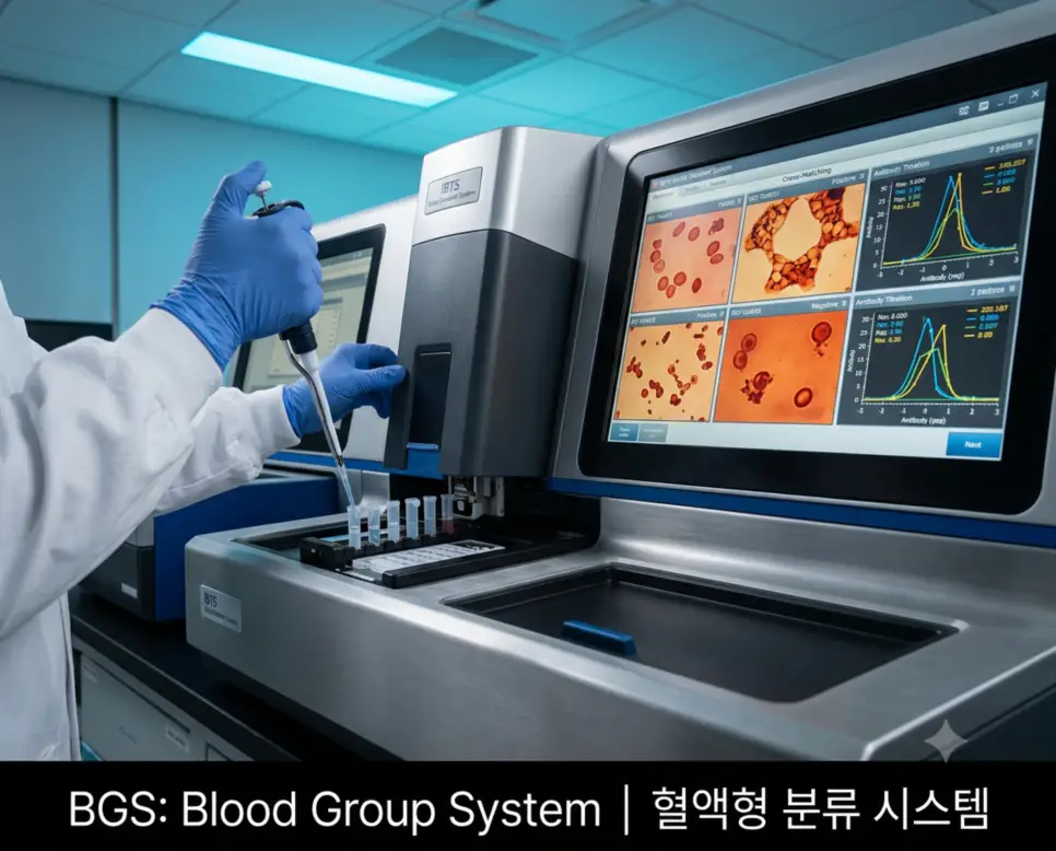 혈액원 진단검사의학실 전문 시각에서 집도의가 젤 카드 응집 반응을 판독하여 희귀 혈액형을 분류하며 하단에 "BGS: Blood Group System | 혈액형 분류 시스템" 흰색 폰트가 들어간 전문 시술 사진