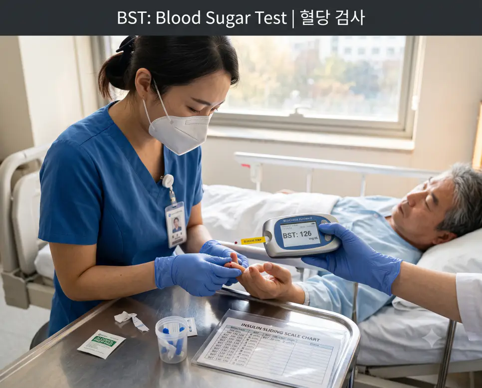 병동 침상 옆에서 간호사가 란셋 천자 후 간이 혈당 측정기로 BST 126 mg/dL 수치를 확인하는 정경과 상단에 "BST: Blood Sugar Test | 혈당 검사" 타이틀만 절제되어 들어간 병실 간호 접사 사진
