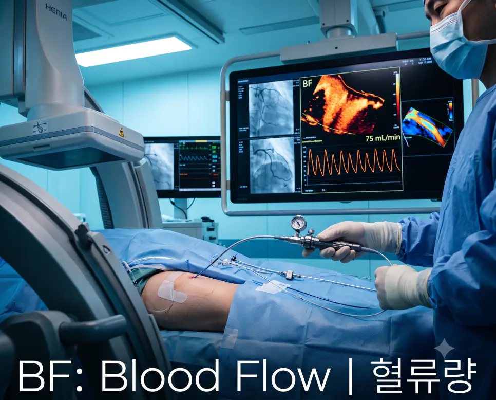 첨단 하이브리드 수술실에서 순환기내과 전문의가PCI 중 관상동맥의 실시간 혈류량(Blood Flow) 변화를 도플러 파형 및 mL/min 수치로 매핑하여 분석하는 현장과 하단에 "BF: Blood Flow | 혈류량" 흰색 모던 폰트가 들어간 전문 시술 사진