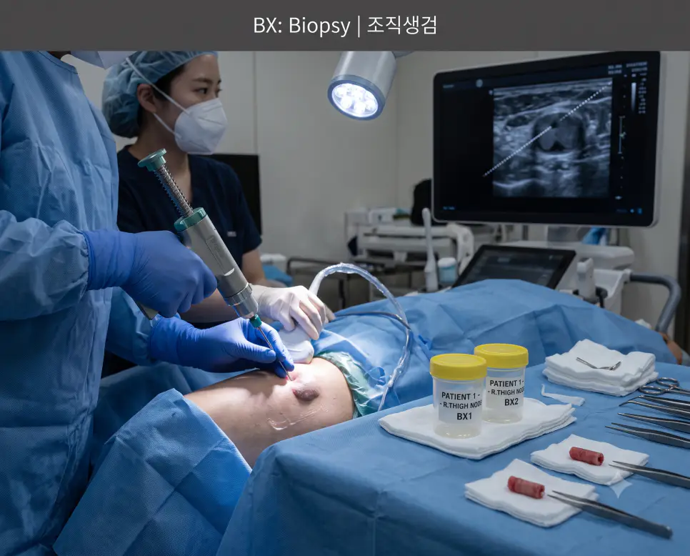 초음파 유도하 시술실에서 영상의학과 전문의가 자동 총생검기로 의심 종괴 조직생검을 시행하는 현장과 상단에 "BX: Biopsy | 조직생검" 타이틀만 절제되어 들어간 전문 조직 채취 사진