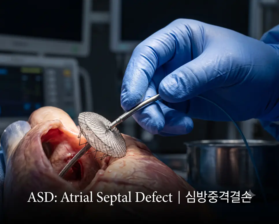 의학 학술대회 키노트 비주얼 스타일로 니티놀 중격 폐쇄 기구 전개 장면과 "ASD: Atrial Septal Defect | 심방중격결손" 고급 타이포그래피가 조화를 이루는 극실사 수술 기구 사진