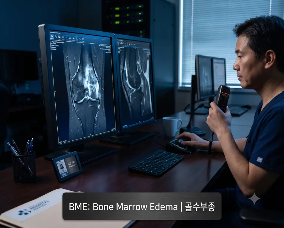 영상의학과 판독실에서 전문의가 슬관절 T2 지방억제 MRI 영상 속 대퇴골 과부의 밝은 골수부종(BME) 병변을 정밀 분석하는 모습과 하단에 "BME: Bone Marrow Edema | 골수부종" 타이포그래피가 조화롭게 들어간 전문 판독 이미지