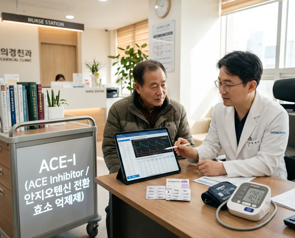 한국인 순환기내과 의사가 혈압약 복약 상담을 진행하며 진료 카트에 "ACE-I (ACE Inhibitor / 안지오텐신 전환 효소 억제제)" 텍스트가 어우러진 극실사 심장내과 상담실 사진