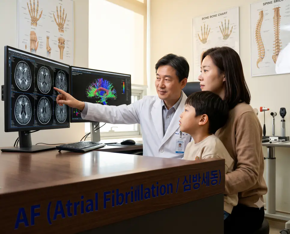 한국인 순환기내과 전문의가 초음파실에서 환자에게 경식도 초음파를 시행하며 MRI 판독 모니터와 3D 심장 경로도를 통해 불규칙한 심방 리듬을 판독하며 진료 카트에 "AF (Atrial Fibrillation / 심방세동)" 텍스트가 표시된 극실사 판독 상담 사진