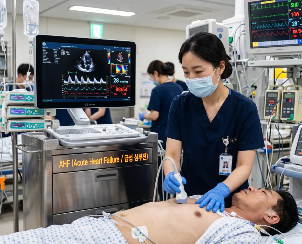 한국인 순환기내과 의사가 중환자실에서 급성 심부전 환자의 혈역학 모니터와 심장 초음파를 확인하며 카트에 "AHF (Acute Heart Failure / 급성 심부전)" 텍스트가 표시된 극실사 임상 집중치료실 이미지