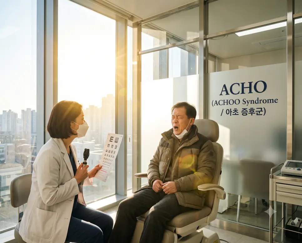햇빛이 비치는 진료실 통유리창 앞에서 광 재채기 반사를 관찰하며 유리벽에 "ACHO (ACHOO Syndrome / 아초 증후군)" 텍스트가 새겨진 극실사 역광 사진