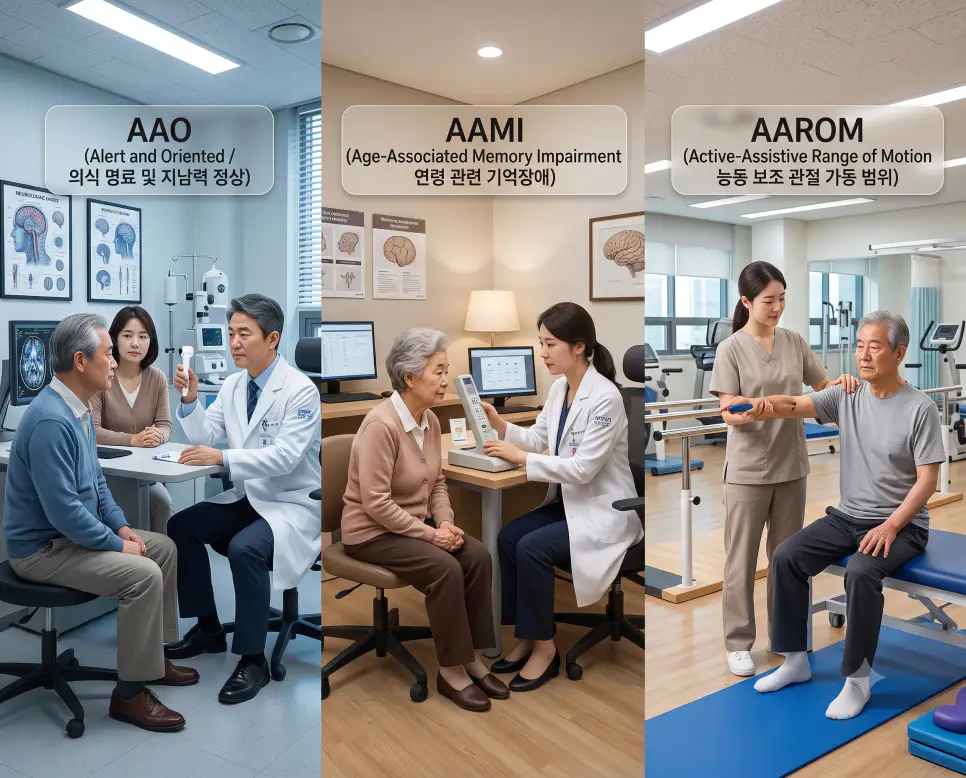 신경과 의식 진찰 AAO, 기억클리닉 인지평가 AAMI, 재활센터 관절가동운동 AAROM을 3분할 파노라마 구도로 구성한 극실사 의학 약어 포스터