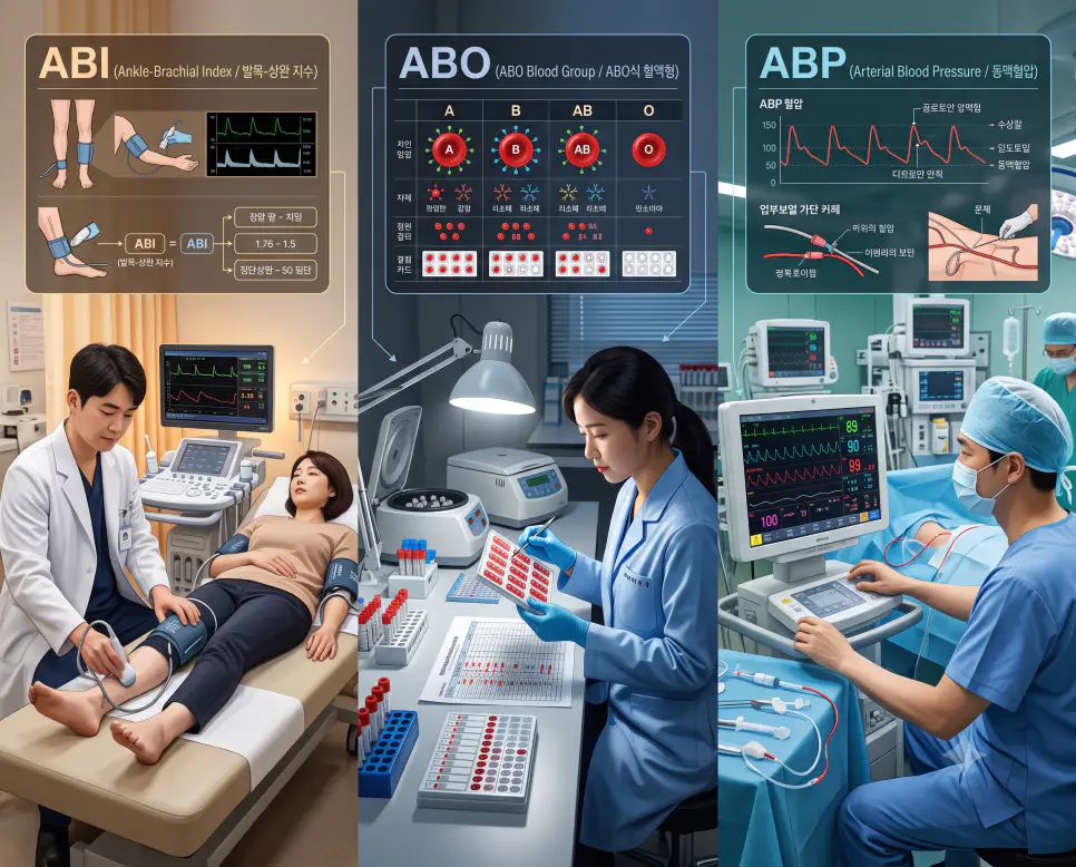 혈관검사실 ABI 검사, 수혈의학실 ABO 혈액형 판독, 수술실 ABP 동맥혈압 파형 모니터링을 3분할 파노라마 구도로 구성한 극실사 의학 약어 포스터