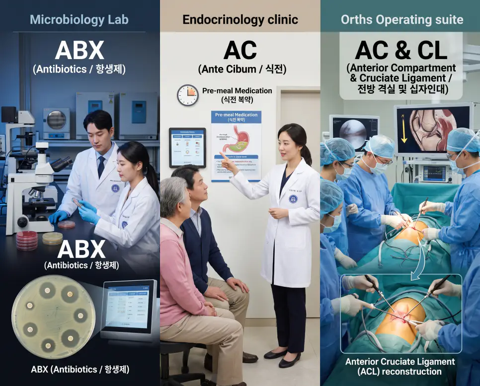 미생물 검사실 ABX 항생제 판독, 상담실 AC 식전 복약 교육, 수술실 AC & CL 관절경 진단을 3분할 파노라마 구도로 구성한 극실사 의학 약어 포스터