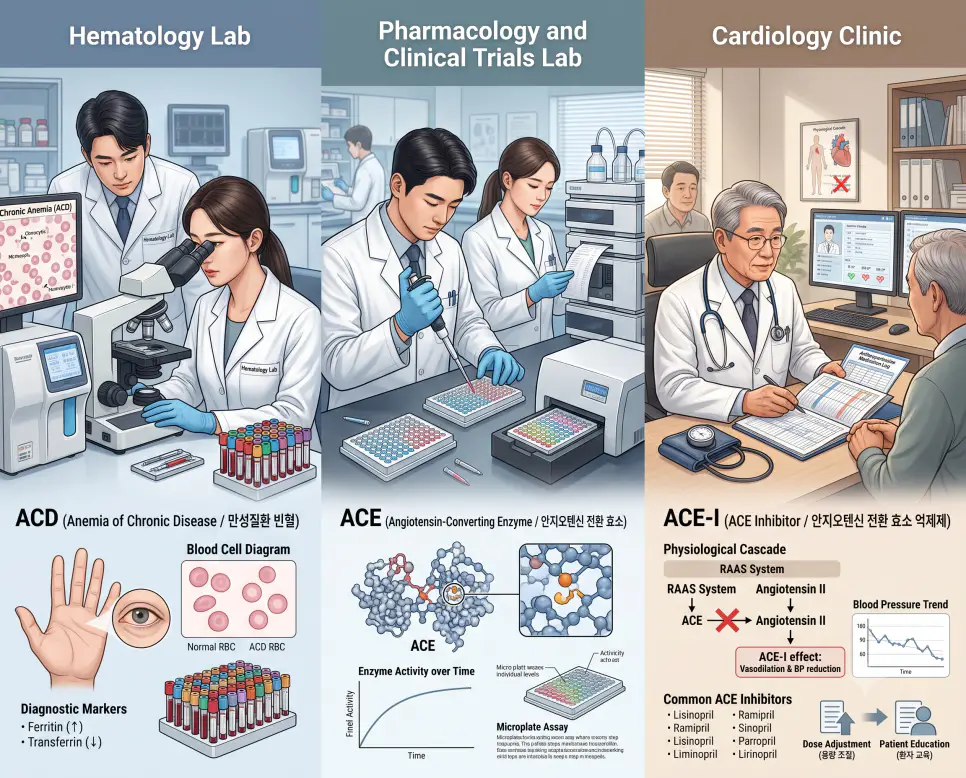 혈액검사실 ACD 빈혈 판독, 약리학 연구실 ACE 효소 분석, 심장내과 ACE-I 혈압약 복약 지도를 3분할 파노라마 구도로 구성한 극실사 의학 약어 포스터