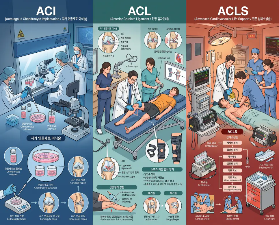 클린룸 ACI 연골세포 조제, 스포츠재활 ACL 인대 안정성 검진, 응급실 ACLS 제세동 소생술을 3분할 파노라마 구도로 구성한 극실사 의학 약어 포스터