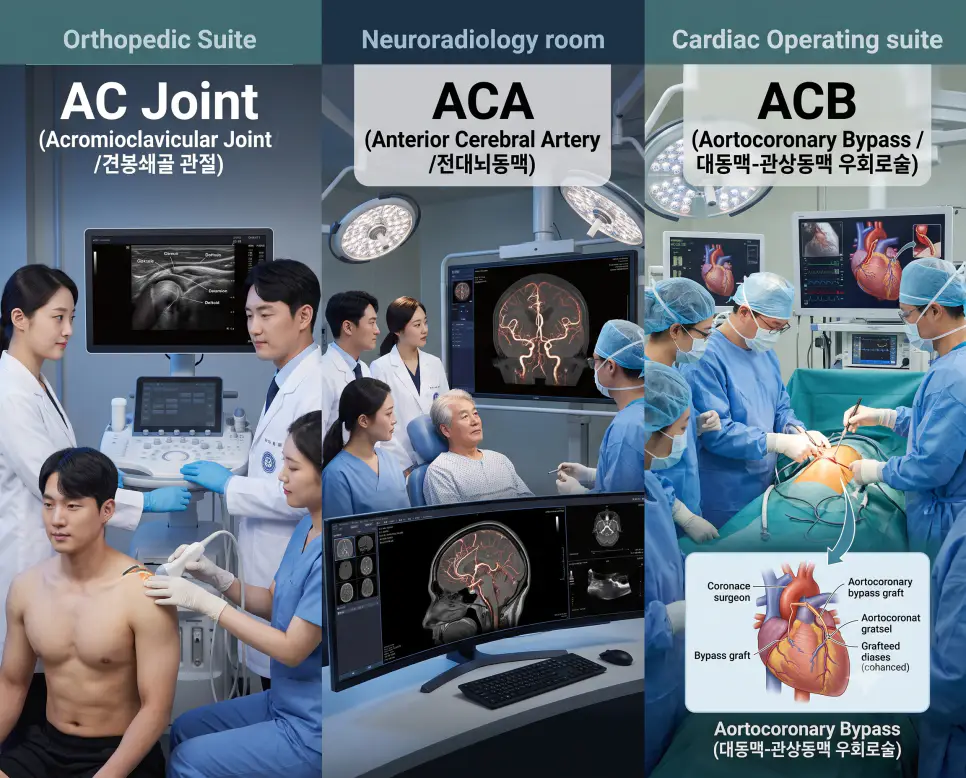 정형외과 AC Joint 관절 초음파, 신경과 ACA 뇌혈관 판독, 흉부외과 ACB 관상동맥 우회수술 현장을 3분할 파노라마 구도로 구성한 극실사 의학 약어 포스터