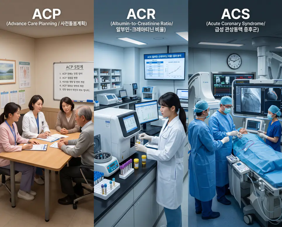 완화의료 ACP 연명의료 상담, 신장내과 ACR 뇨단백 분석, 심혈관조영실 ACS 응급 스텐트 시술을 3분할 파노라마 구도로 구성한 극실사 의학 약어 포스터