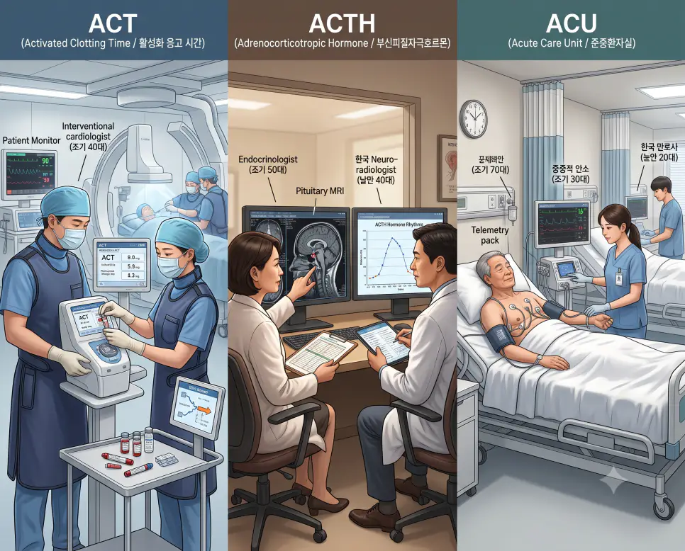 혈관시술실 ACT 응고시간 측정, 내분비 판독실 ACTH 호르몬 분석, 준중환자실 ACU 집중 모니터링을 3분할 파노라마 구도로 구성한 극실사 의학 약어 포스터