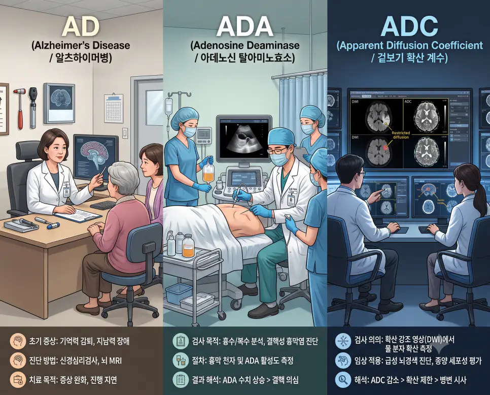 신경과 AD 치매 진찰, 호흡기내과 ADA 흉수 검사 시술, 영상의학과 ADC 뇌경색 판독 현장을 3분할 파노라마 구도로 구성한 극실사 의학 약어 포스터