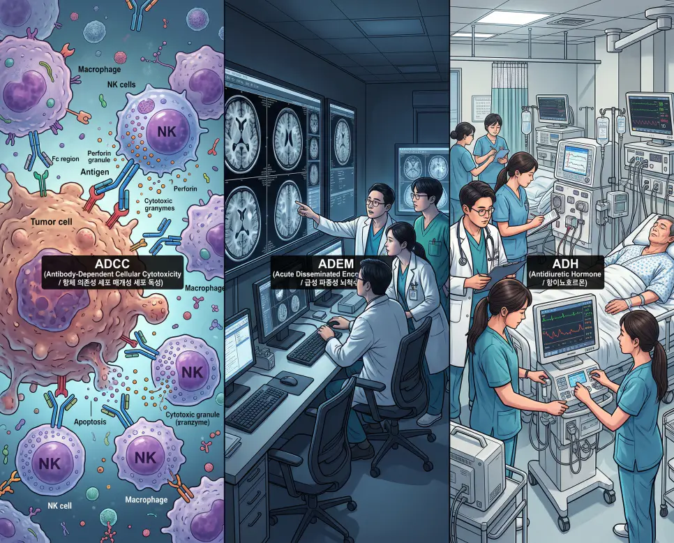 면역학 매크로 ADCC 세포 공격, 뇌 MRI 판독 ADEM 탈수초 병변, 신장내과 dynamic ADH 데이터 분석 현장을 3분할 파노라마 구도로 구성한 극실사 의학 약어 포스터