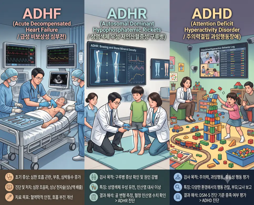 순환기내과 CCU ADHF 시술, 유전클리닉 ADHR 골질환 검진, 소아정신과 ADHD 동적 평가 현장을 3분할 파노라마 구도로 구성한 극실사 의학 약어 포스터