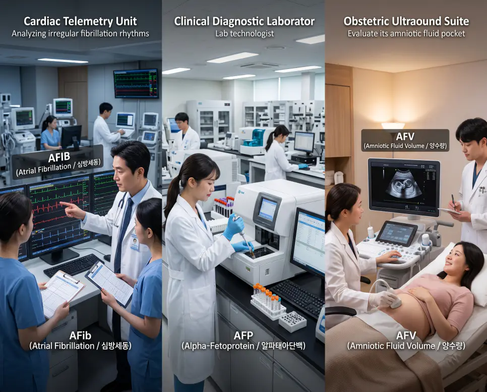 순환기내과 AFIB 심전도 분석, 진단검사의학과 AFP 종양표지자 검사, 산부인과 AFV 양수량 초음파 현장을 3분할 파노라마 구도로 구성한 극실사 의학 약어 포스터