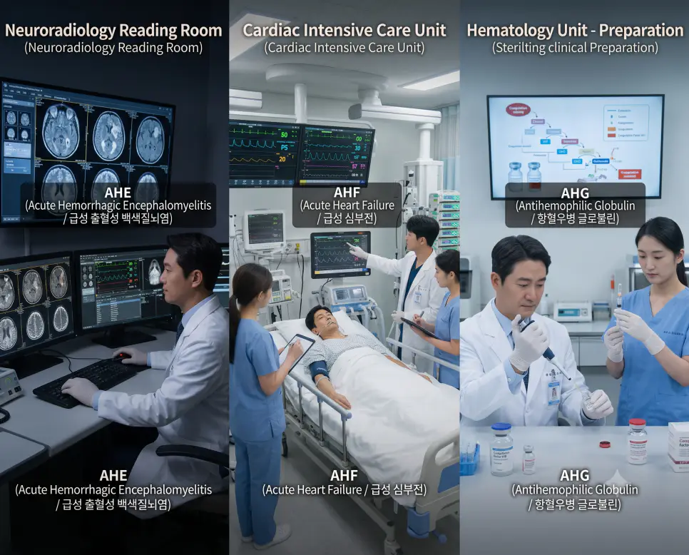 신경과 AHE 뇌출혈 판독, 순환기내과 AHF 혈역학 모니터링, 혈액종양내과 AHG 응고인자 조제 현장을 3분할 파노라마 구도로 구성한 극실사 의학 약어 포스터