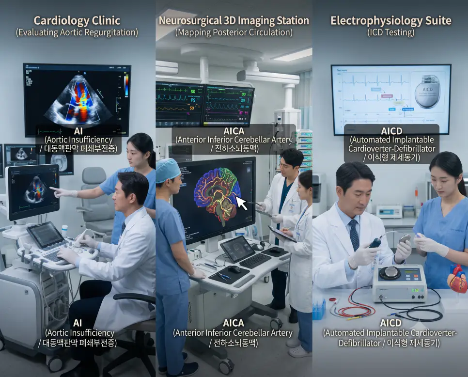 순환기내과 AI 도플러 심초음파 계측, 신경외과 AICA 3D 뇌혈관 분석, 심장전기생리실 AICD 제세동기 프로그래밍 현장을 3분할 파노라마 구도로 구성한 극실사 의학 약어 포스터