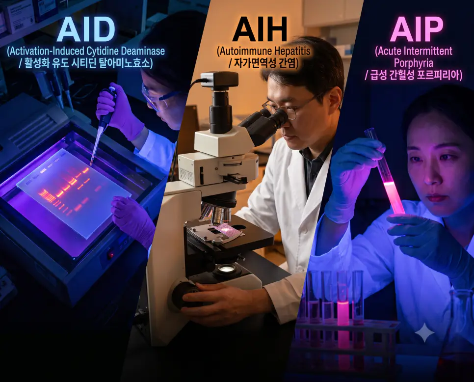 분자유전학 AID 전기영동, 병리과 AIH 간생검 판독, 생화학실 AIP 형광 분석 현장을 3분할 파노라마 구도로 구성한 극실사 의학 약어 포스터