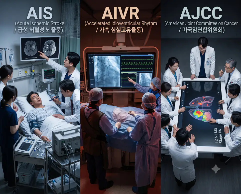 뇌졸중집중치료실 AIS 신경학적 평가, 심혈관조영실 AIVR 재관류 부정맥 확인, 종양다학제실 AJCC TNM 병기 회의 현장을 3분할 파노라마 구도로 구성한 극실사 의학 약어 포스터