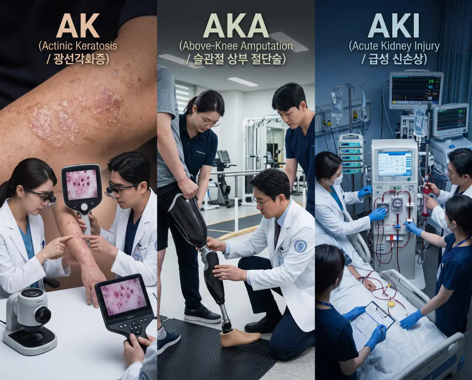 피부과 AK 더모스코피 매크로 검진, 재활의학과 AKA 대퇴의지 장착 평가, 중환자실 AKI CRRT 신대체요법 현장을 3분할 파노라마 구도로 구성한 극실사 의학 약어 포스터