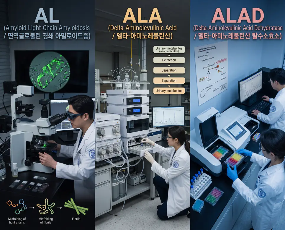 병리과 AL 편광 사과녹색 침착 판독, 독성학 ALA 크로마토그래피 정량, 생화학실 ALAD 효소 활성 측정 현장을 3분할 파노라마 구도로 구성한 극실사 의학 약어 포스터