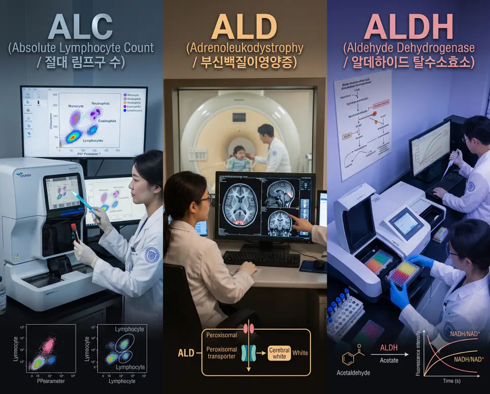 혈액내과 ALC 혈구 산점도 분석, 소아신경과 ALD 뇌 MRI 판독, 약리학실 ALDH 효소 반응 측정 현장을 3분할 파노라마 구도로 구성한 극실사 의학 약어 포스터