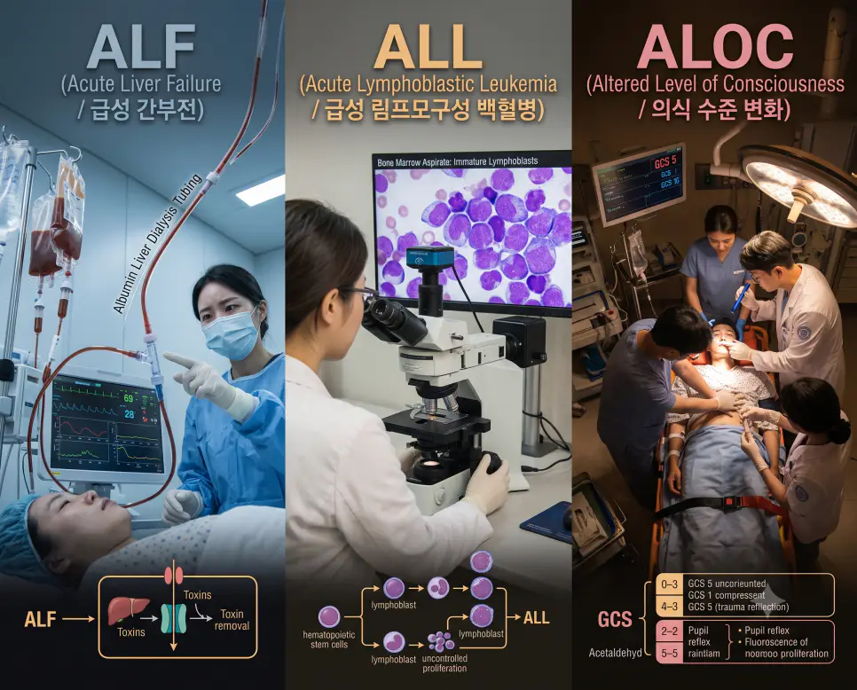 간중환자실 ALF 투석 장비 운용, 소아혈액과 ALL 골수 세포 관찰, 응급실 ALOC 동공 반사 평가 현장을 3분할 파노라마 구도로 구성한 극실사 의학 약어 포스터