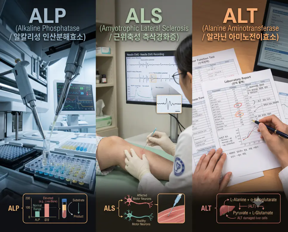 진단검사의학 ALP 효소 분석, 신경과 ALS 근전도 파형 기록, 소화기내과 ALT 간수치 상담 현장을 3분할 파노라마 구도로 구성한 극실사 의학 약어 포스터