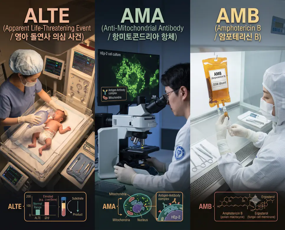 소아응급실 ALTE 소생 처치, 면역검사실 AMA 자가항체 형광 판독, 무균조제실 AMB 항진균제 조제 현장을 3분할 파노라마 구도로 구성한 극실사 의학 약어 포스터