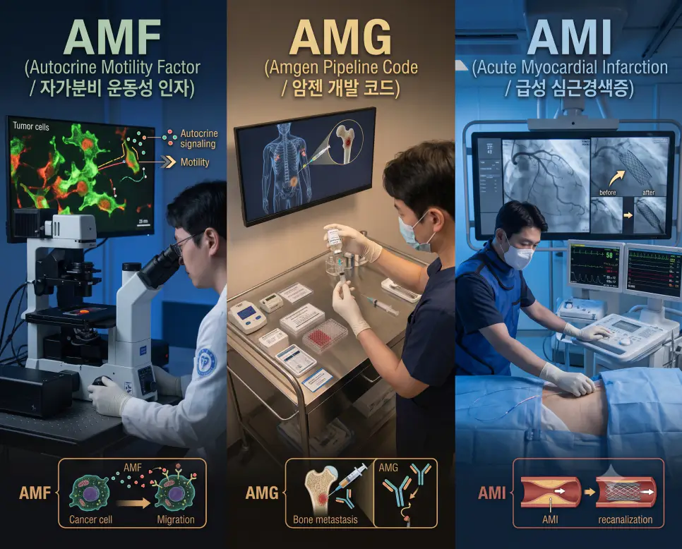 종양세포 공초점 검경 AMF, 암센터 표적항체 조제 AMG, 심혈관조영실 스텐트 재개통 AMI 현장을 3분할 파노라마 구도로 구성한 극실사 의학 약어 포스터