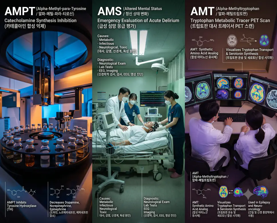 약리학 AMPT 질량분석 검증, 응급실 AMS 정신 상태 평가, 핵의학과 AMT PET-CT 판독 현장을 3분할 파노라마 구도로 구성한 극실사 의학 약어 포스터