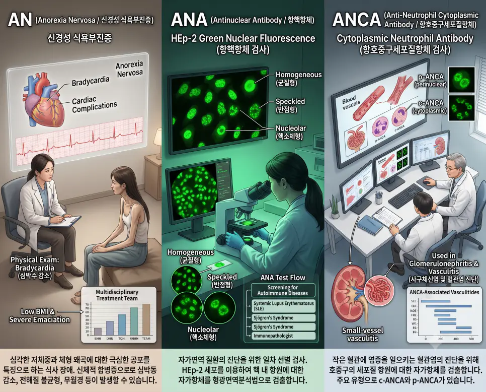 정신건강의학과 AN 섭식장애 평가, 면역혈액학 ANA 항핵항체 판독, 신장내과 ANCA 혈관염 항체 분석 현장을 3분할 파노라마 구도로 구성한 극실사 의학 약어 포스터