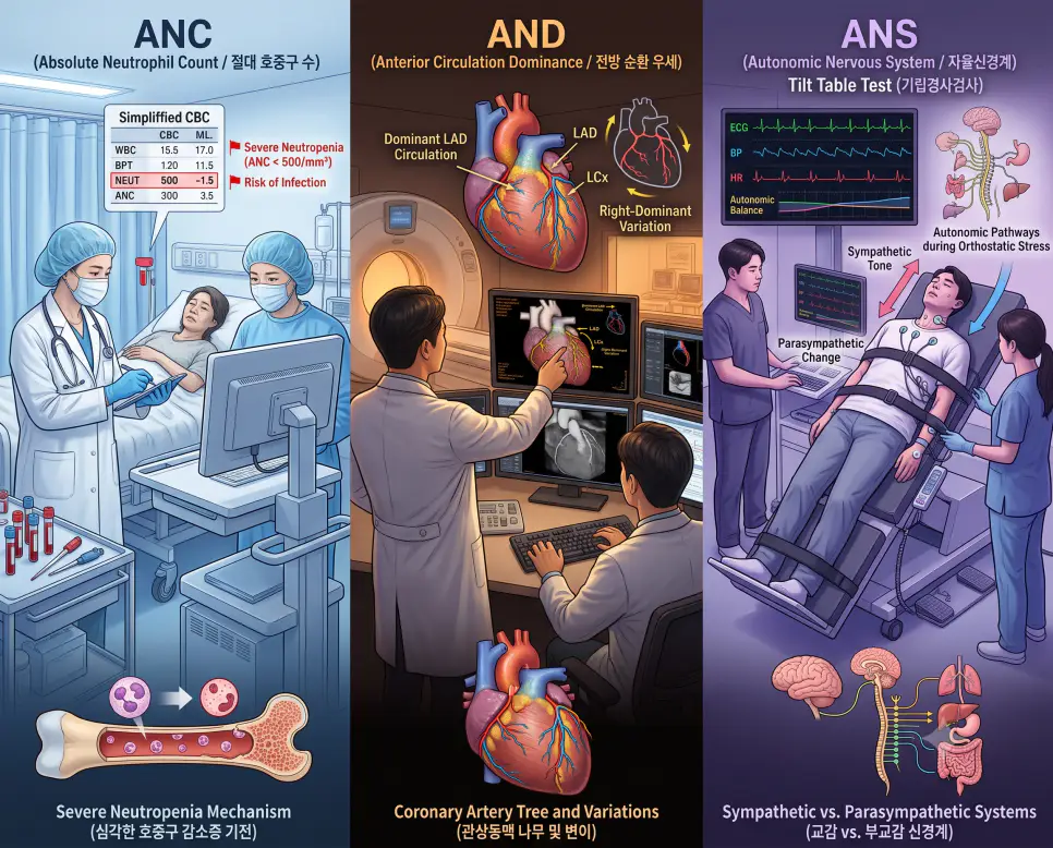 종양내과 ANC 호중구 수치 점검, 영상의학과 AND 관상동맥 순환 판독, 신경과 ANS 기립경사 검사 현장을 3분할 파노라마 구도로 구성한 극실사 의학 약어 포스터