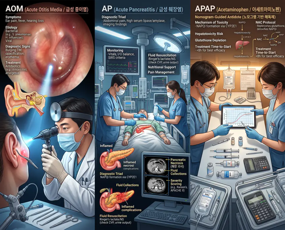 소아과 AOM 비디오이경 환기처치, 영상의학과 AP 췌장괴사 분석, 응급의학과 APAP 해독 치료 현장을 3분할 파노라마 구도로 구성한 극실사 의학 약어 포스터