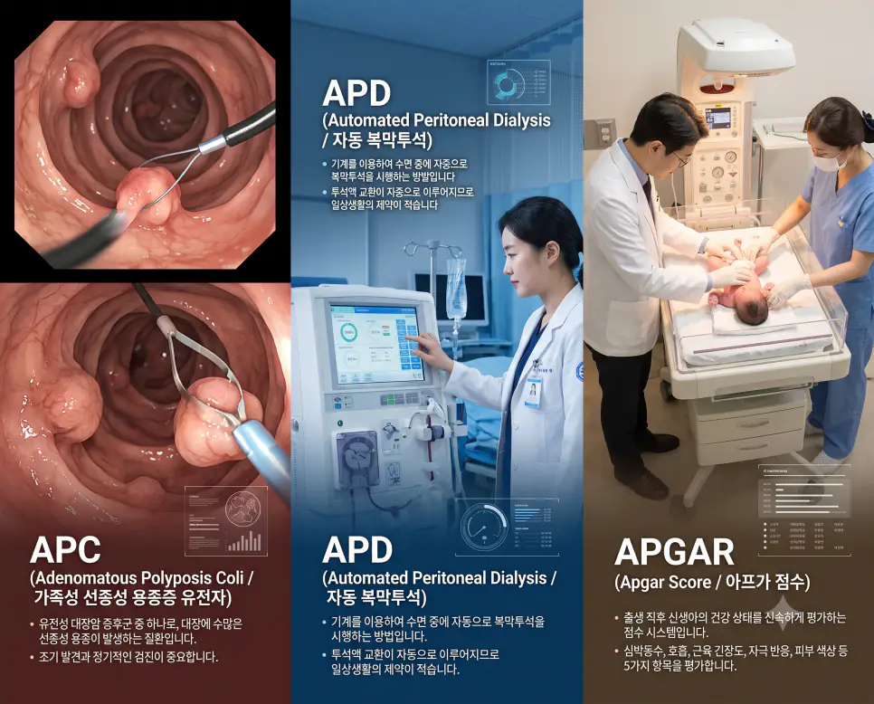 대장내시경 APC 용종 절제, 신장내과 APD 투석 점검, 분만실 APGAR 신생아 평가 현장을 3분할 파노라마 구도로 구성한 극실사 의학 약어 포스터
