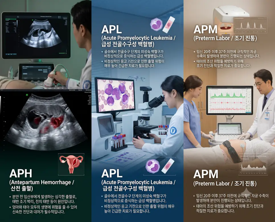 산부인과 APH 산전 출혈 초음파, 혈액종양내과 APL 백혈병 도말 검경, 주산기과 APM 조기 진통 수축 감시 현장을 3분할 파노라마 구도로 구성한 극실사 의학 약어 포스터