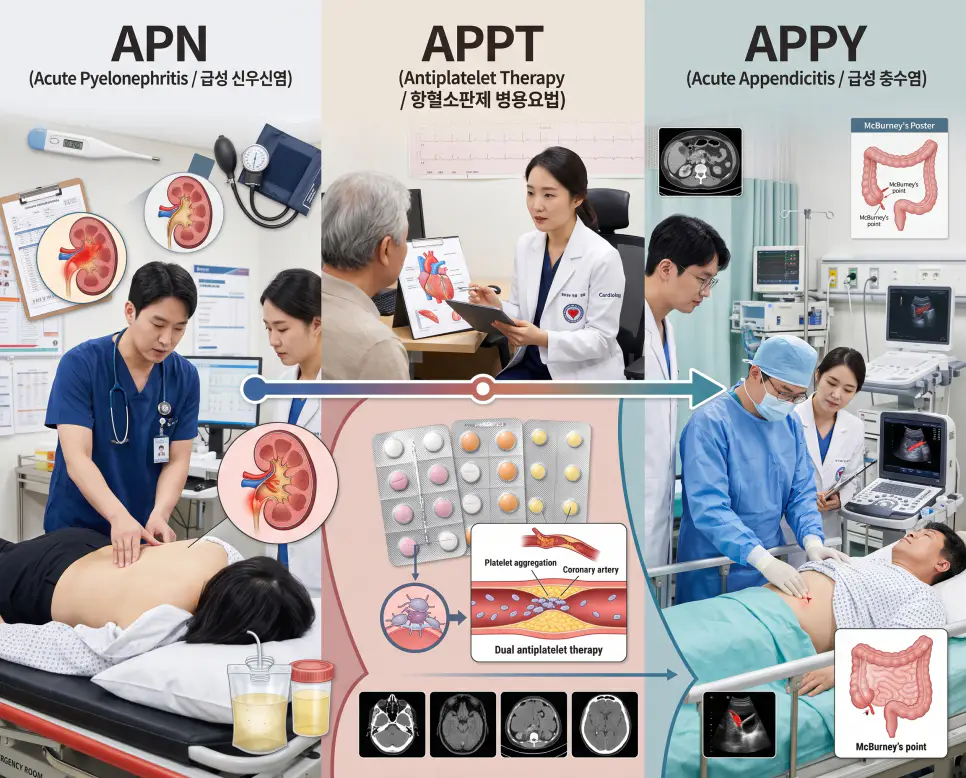 비뇨기과 APN CVA 압통 확인, 심장내과 APPT 약물 설명, 외과 APPY 맥버니점 압진 현장을 3분할 파노라마 구도로 구성한 극실사 의학 약어 포스터