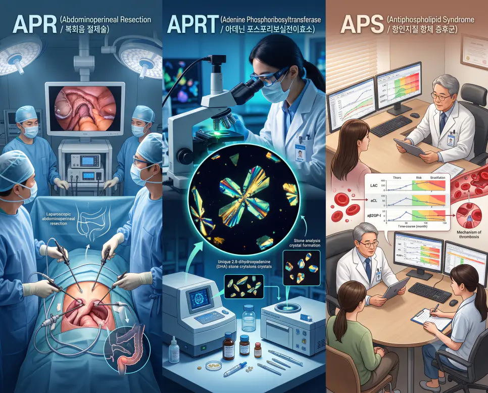 대장항문외과 APR 복회음 절제술, 비뇨기병리 APRT 결석 편광 검경, 류마티스내과 APS 혈전증 상담 현장을 3분할 파노라마 구도로 구성한 극실사 의학 약어 포스터