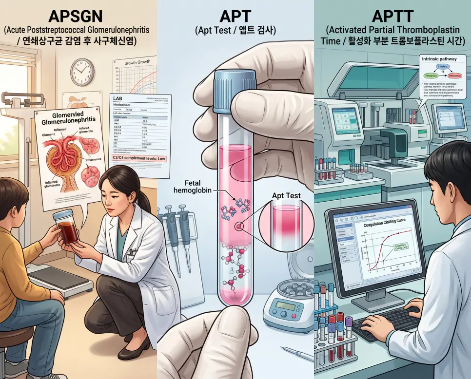 소아신장과 APSGN 콜라색뇨 평가, 신생아과 APT 태아혈색소 판독, 진단검사의학과 APTT 혈액응고 분석 현장을 3분할 파노라마 구도로 구성한 극실사 의학 약어 포스터
