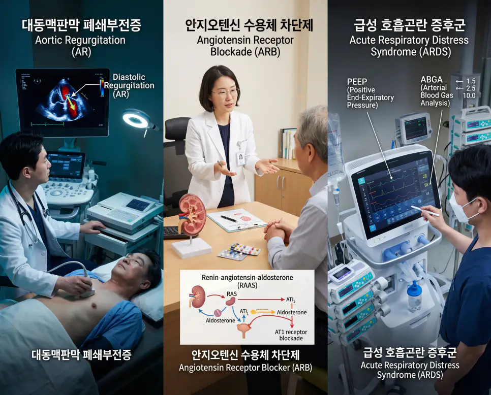 심장내과 AR 심초음파, 신장내과 ARB 혈압 상담, 호흡기내과 ARDS 중환자 관리 현장을 3분할 파노라마 구도로 구성한 극실사 의학 약어 포스터