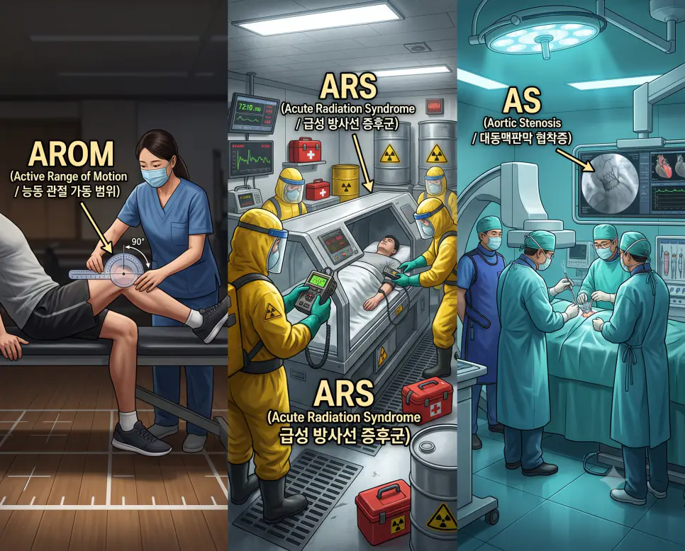 재활의학과 AROM 각도계 검사, 응급의학과 ARS 방사선 피폭 계측, 순환기내과 AS TAVI 판막 시술 현장을 3분할 파노라마 구도로 구성한 극실사 의학 약어 포스터