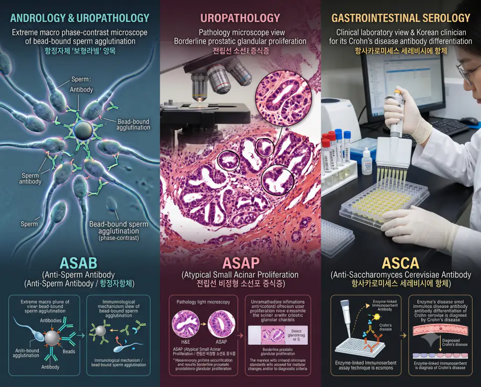 생식의학 ASAB 정자 응집 분석, 비뇨기병리 ASAP 조직 소견 판독, 소화기면역학 ASCA 항체 검사 현장을 3분할 파노라마 구도로 담아낸 통합 의료 정보 포스터