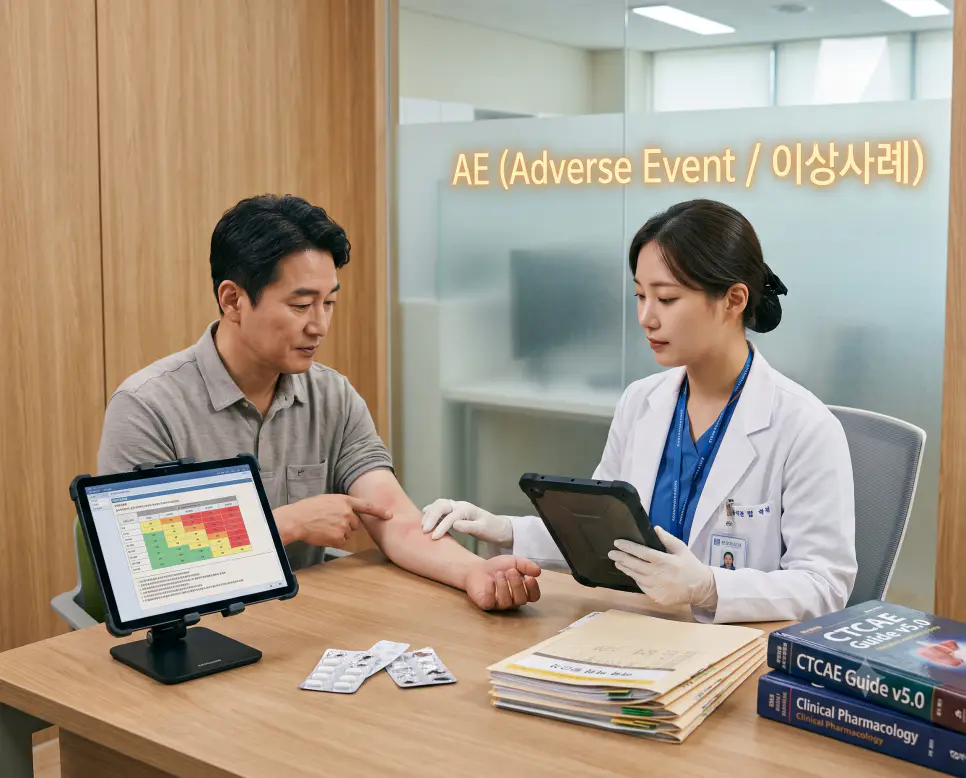 한국인 임상시험 코디네이터가 상담실에서 환자와 eDiary를 대조하며 보고된 이상사례를 eCRF에 기록하며 테이블에 "AE (Adverse Event / 이상사례)" 텍스트가 표시된 극실사 임상시험 이미지