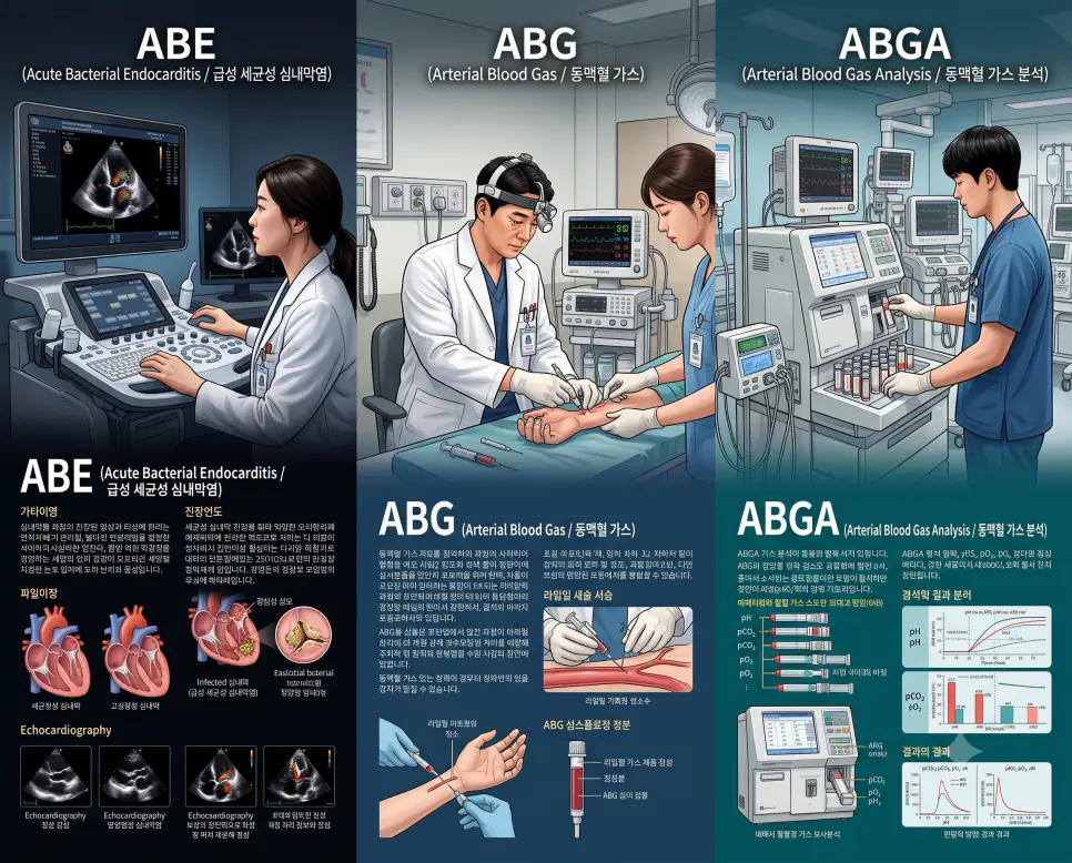 경식도 초음파 ABE 판독, 요골동맥 ABG 정밀 채혈, ICU ABGA 즉각 수치 분석을 3분할 파노라마 구도로 구성한 극실사 의학 약어 포스터