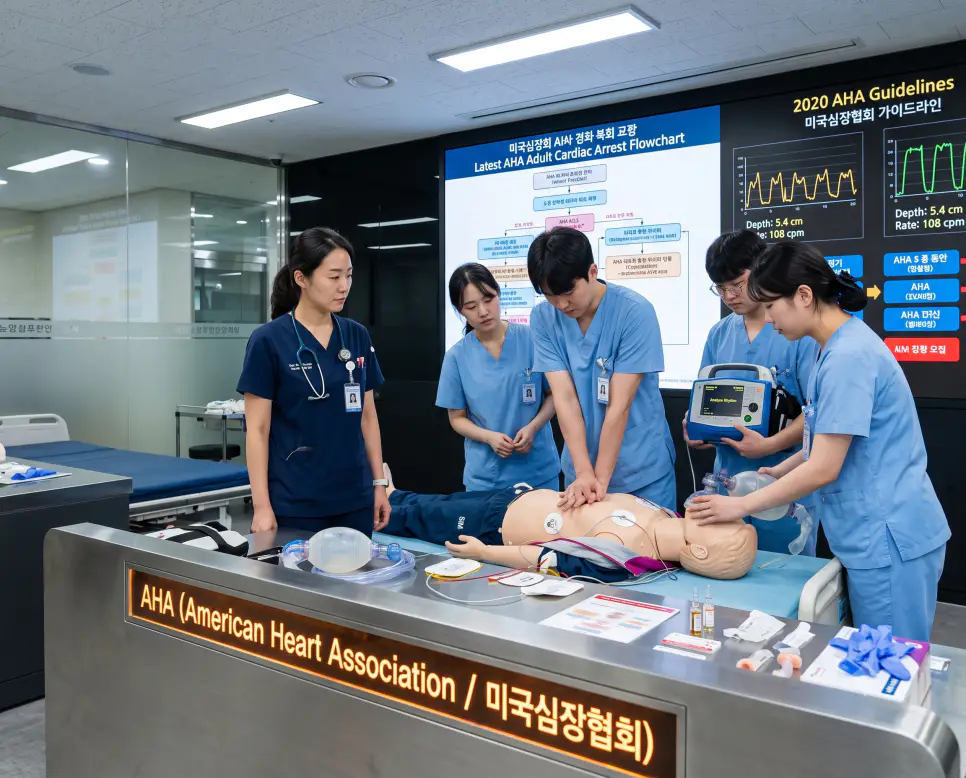 한국인 응급의학과 의사가 교육 시뮬레이션실에서 심폐소생술 가이드라인 모니터 앞에서 마네킹 훈련을 지도하며 "AHA (American Heart Association / 미국심장협회)" 텍스트가 표시된 극실사 교육 이미지